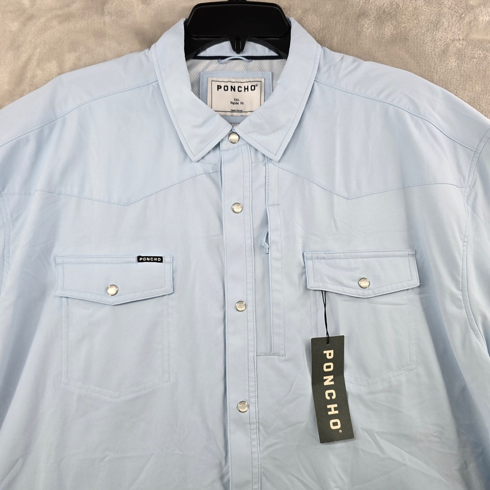 Poncho The Pedernales Shirt Mens XXL Blue Short Sleeve Western Snap Performance